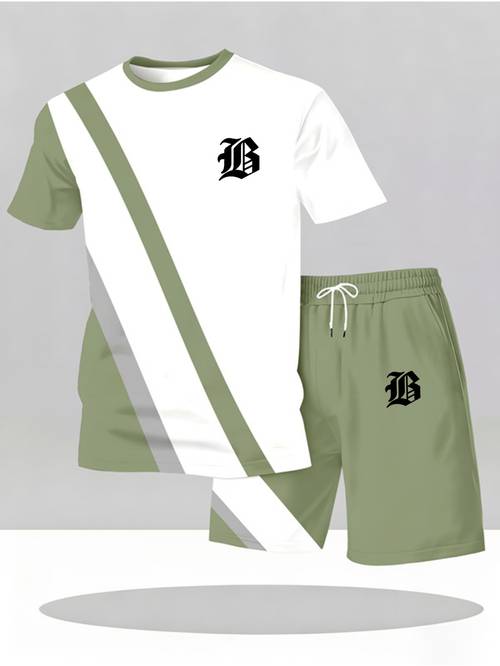 Herrenmode Trendy Lässiger Rundhals Druck Kurzarm Anzug, 3D Kurzarm Anzug Herren Pullover Outdoor Sport Lässiger Kurzarm