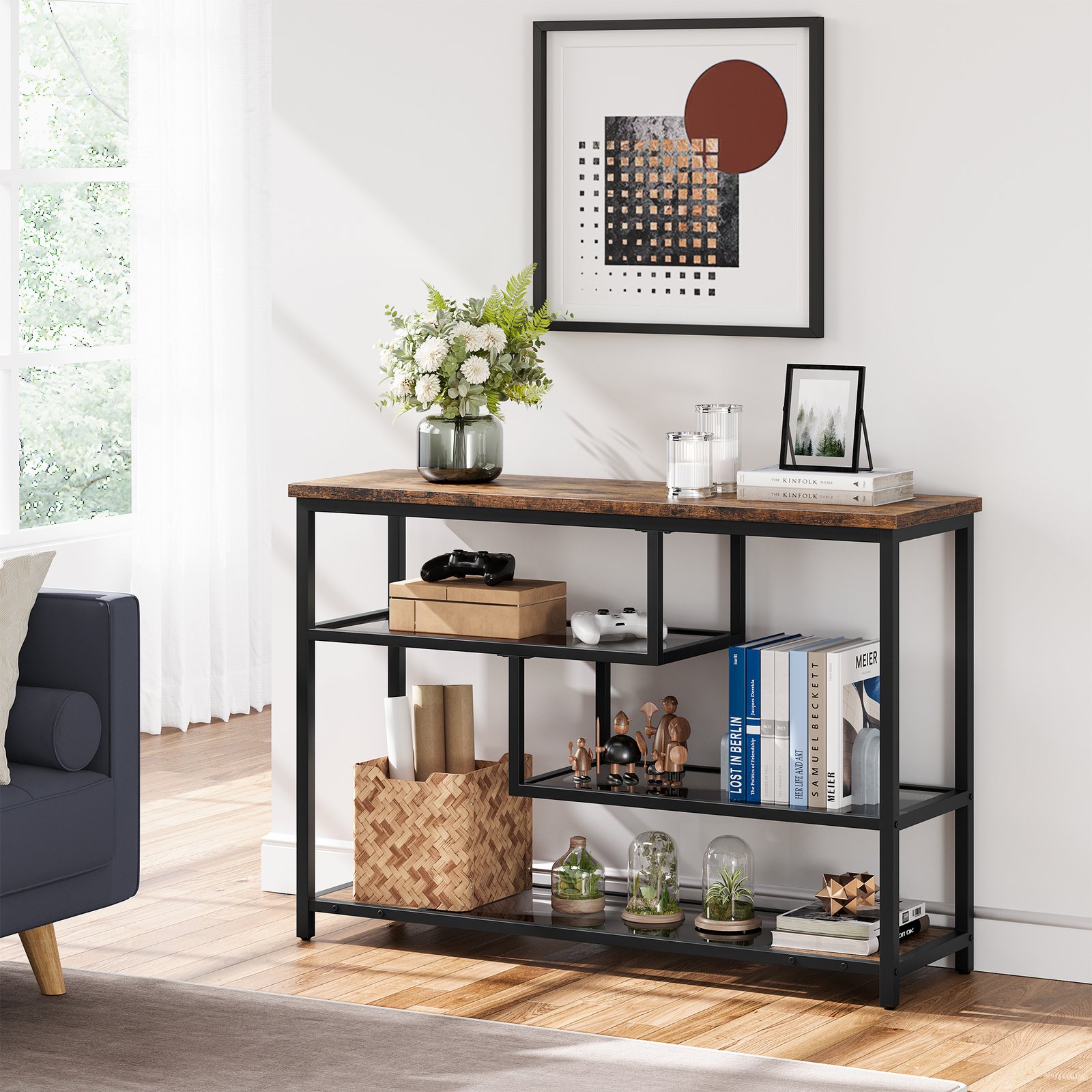 Image of Rustic Brown 39. 4'' Skinny Hallway Table 4-layer Storage Rack Behind Couch Slim Entryway Organizer Living Room Foyer Narrow Console Shelf