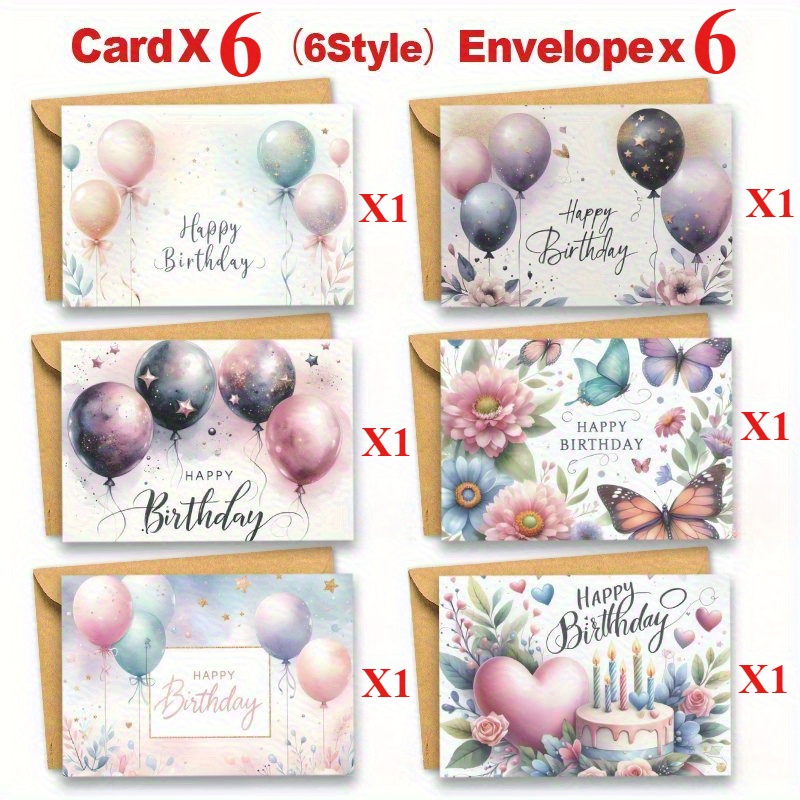 E-shop 12 Aquarell Blumen- und Schmetterlings-Geburtstagsgrußkarten mit Umschlägen - Mit sanften Designs von Ballons, Kuchen und Sternen, geeignet für
