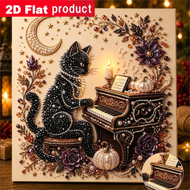 TEMU New 2d/flat Printing Pearl Diamond Painting Kit Featuring A Black Cat Playing Design. This Diy Handmade Rhinestone Art Kit Includes Tools And