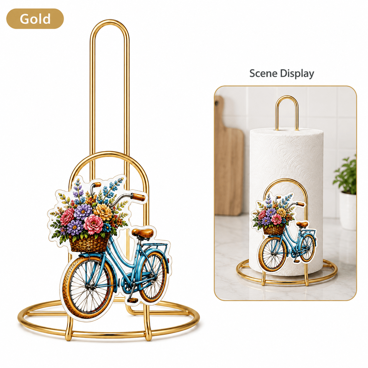 TEMU 1pc Modern Iron Kitchen Paper Towel Holder For Home Desktop Storage Empty Stand And Roll Use Creative Bicycle Flower Basket Decoration Black And