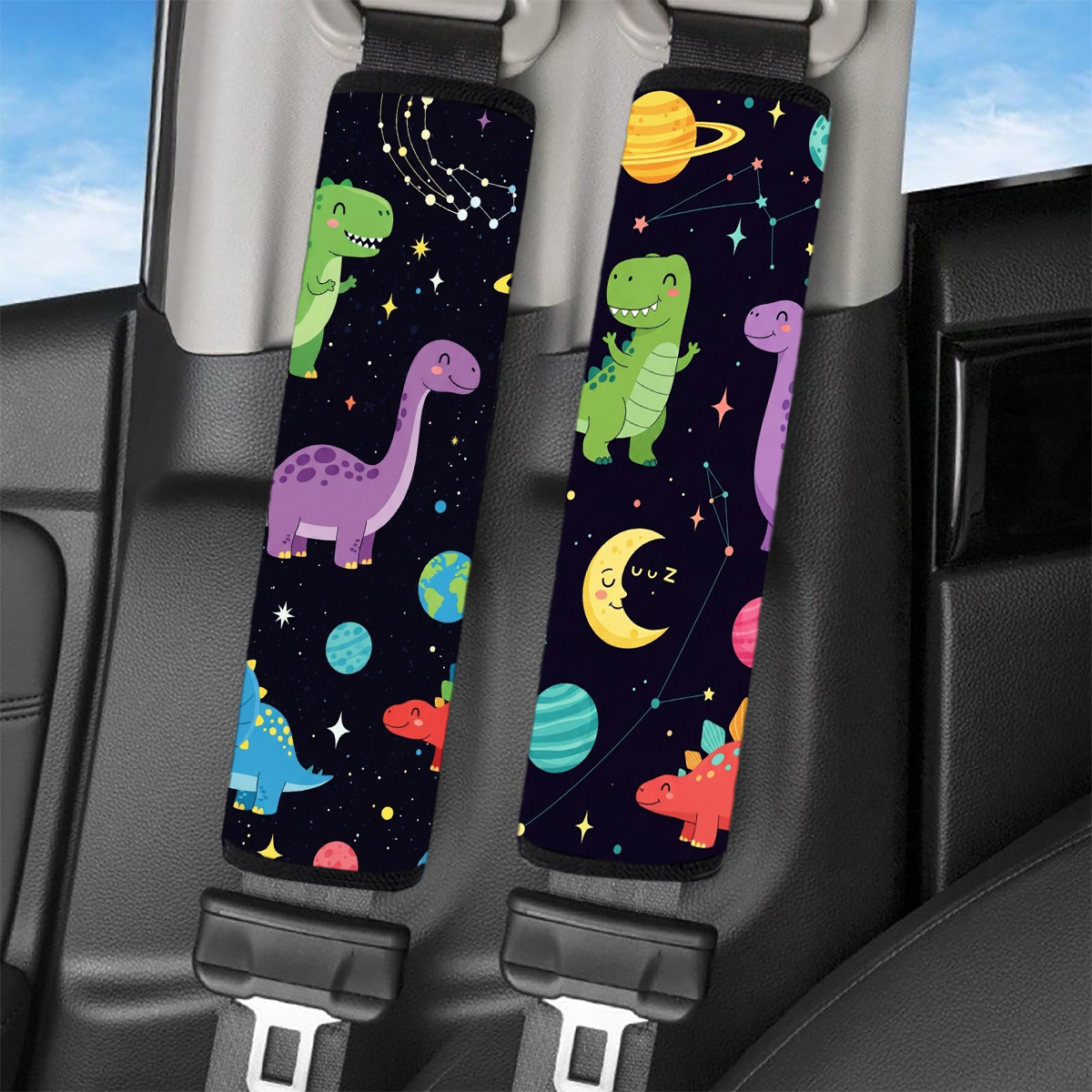 TEMU 2pcs Planet Dinosaur Pattern Car Seat Belt Shoulder Pads - 9.8x11.3 Inches, /remove, Car Interior Accessory, Suitable For Backpacks And Safety