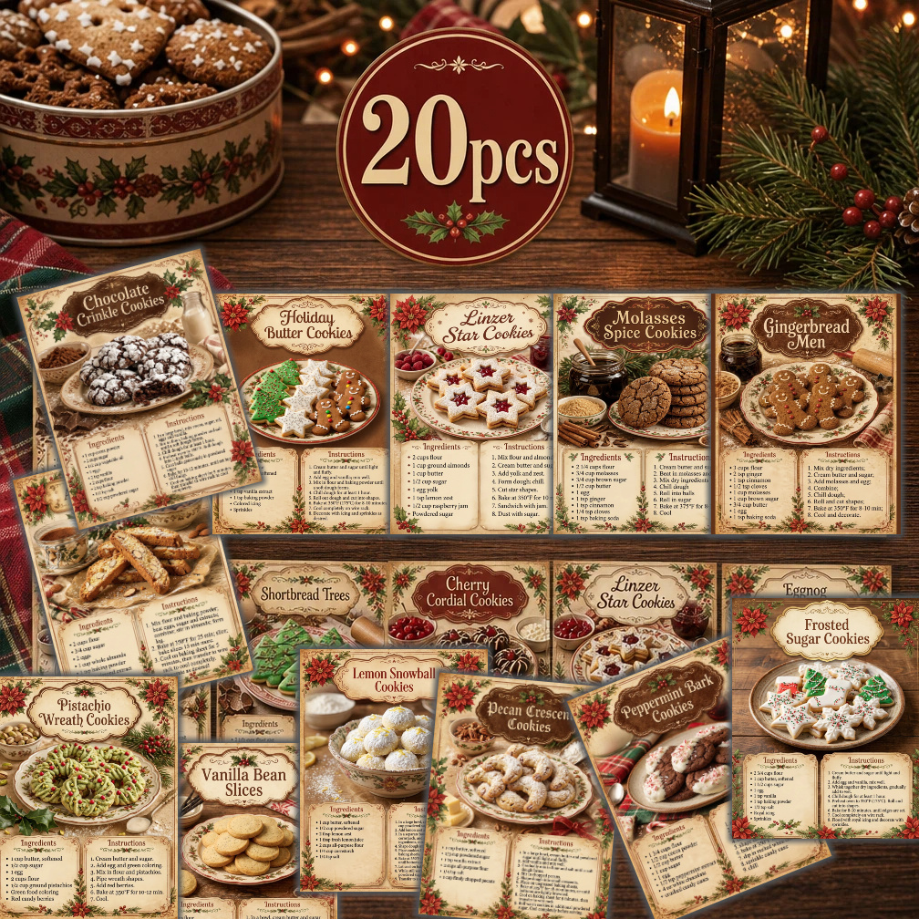 TEMU 20pcs Retro Christmas Cookie Recipes/postcards, Christmas Baking Recipe Cards/postcards, Suitable For Retro Junk Diary Stationery Paper,