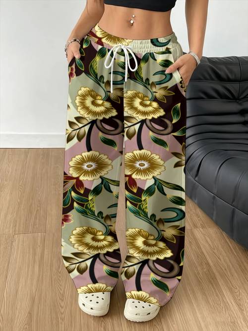 pantaloni vintage pentru femei cu tăietură largă în stil chinezesc - pantaloni cu talie înaltă și elastic, imprimeu floral și frunze verzi, croi larg și drept, potriviți pentru îmbrăcăminte casual, ținute tradiționale, stil , spălabil în mașină