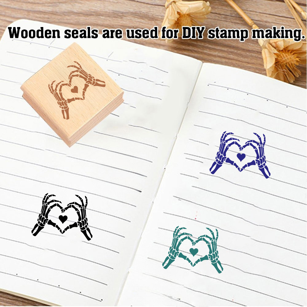 Delicate Skull Hand Heart-shaped Wooden Rubber Stamp
