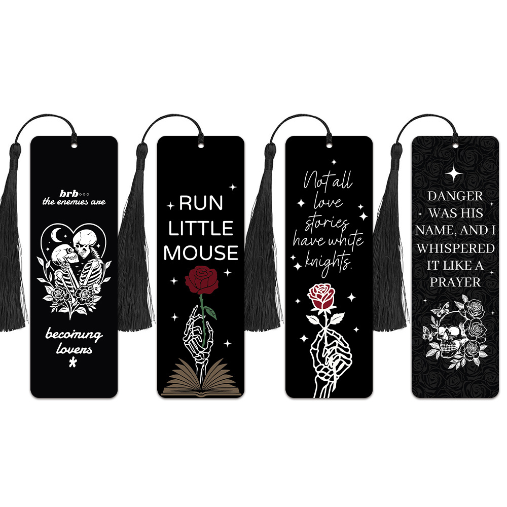 TEMU 4pcs Gothic Bookmarks Suitable For Dark Academia Books, Skeleton Rose Bookmark With Black Tassels - Edgy Paper Page Markers For, Book Lovers