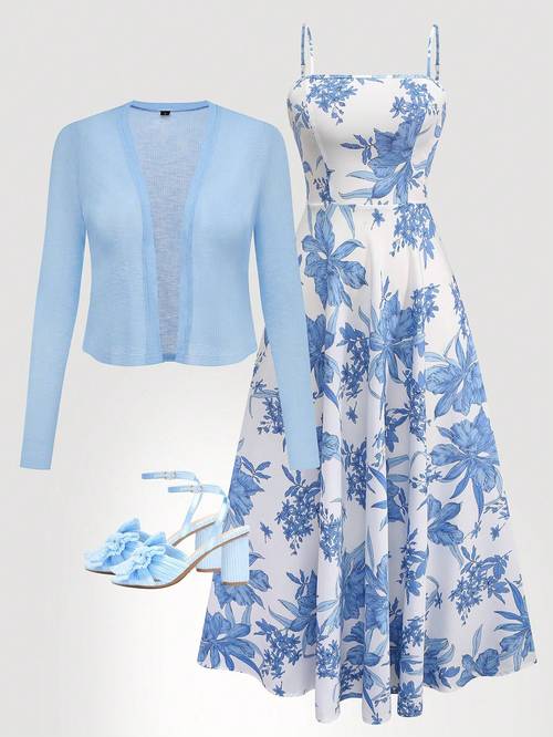 womens camisole print dress with waist gathered skirt and cardigan set bohemian print