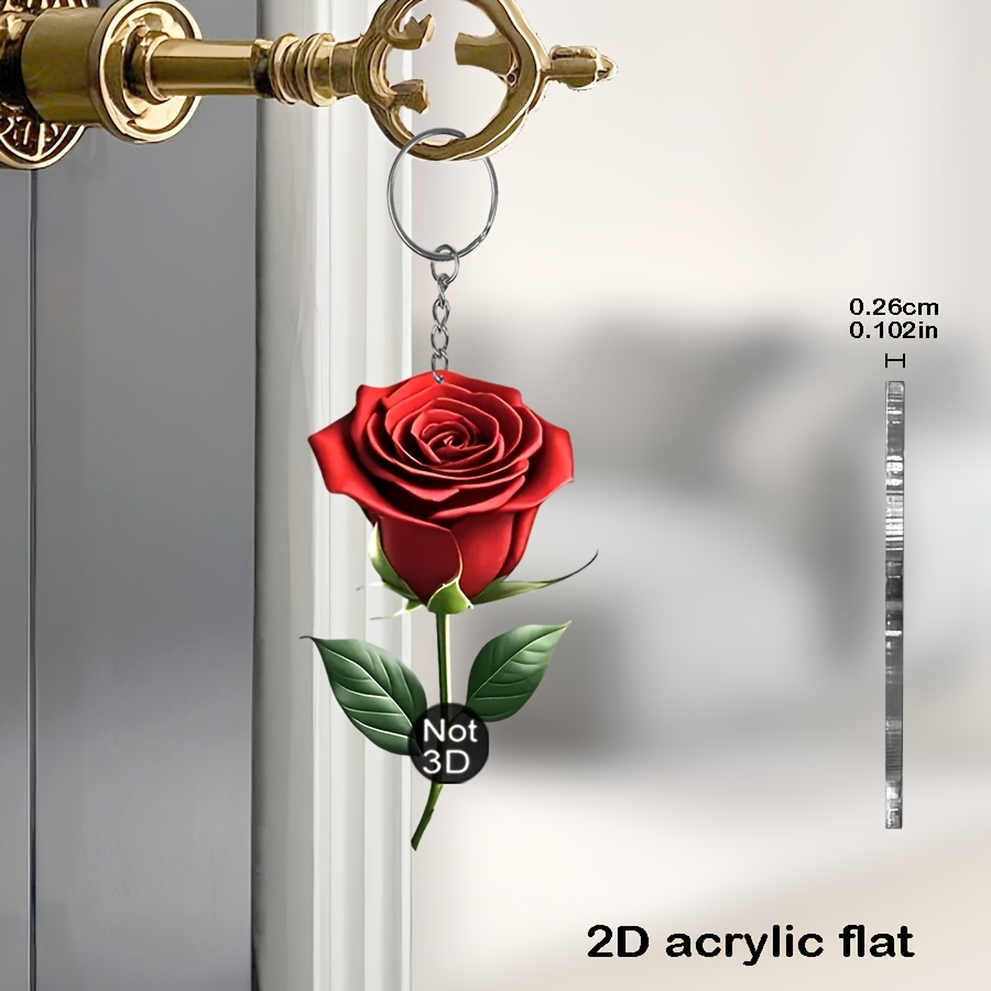 TEMU 2d Flat, 2d Flat 1pc Realistic Rose Keychain, Fun Plant Flower Acrylic Key Ring, Backpack Ornament Phone Charm, Car And Home Decor, Halloween,