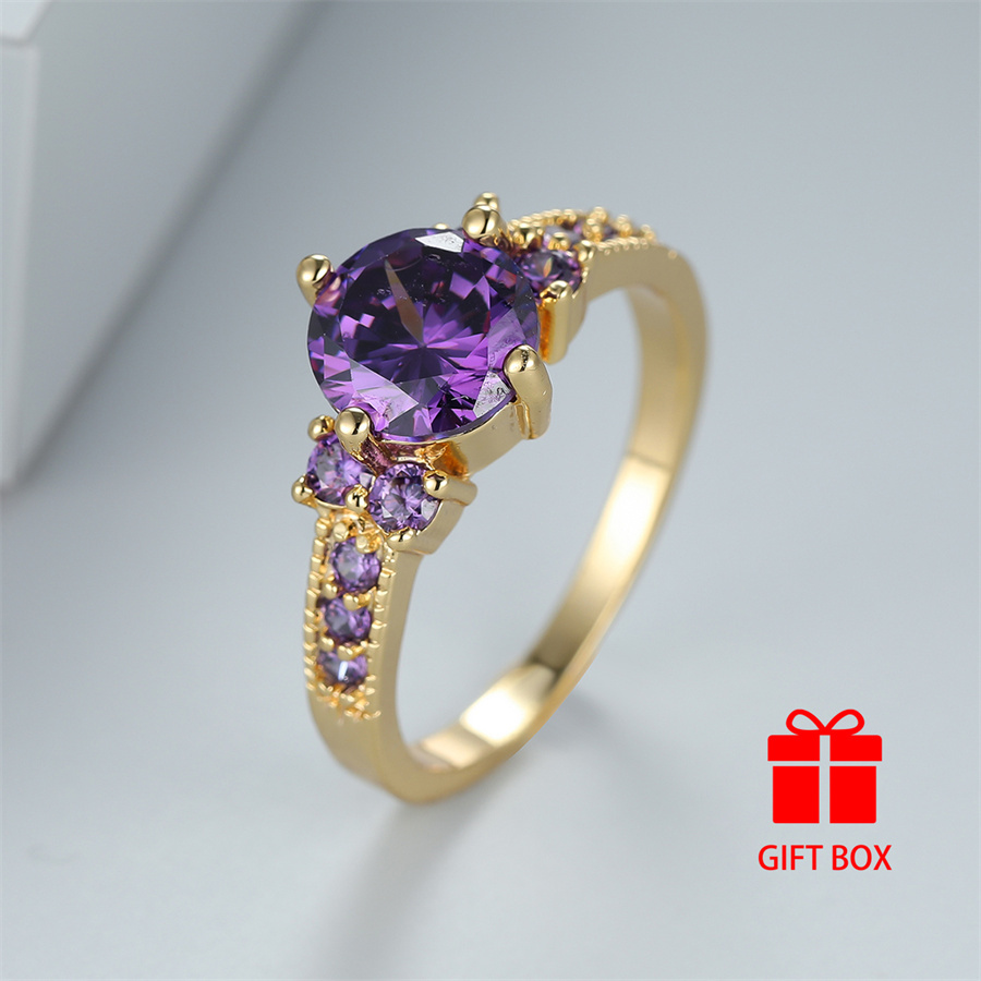 TEMU Elegant Purple Cubic Zirconia Copper Ring - Luxurious, Durable & Sparkling For Weddings, Parties & Everyday