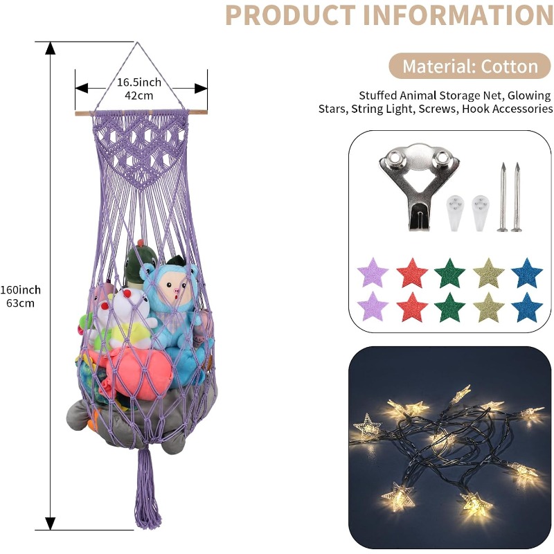 63 inch jumbo stuffed animal hammock corner with macrame ceiling wall mounted organizer light   storage net with string lights soft mesh for nursery playroom decor space saving toys display holds teddy   stuffed animals     stuffed animal holder stuffed animal storage   handmade look room   hammock for bedroom hammock chair toy net hammock stuffed animal storage hammock teddy bear hammock toy hammock Product details 3