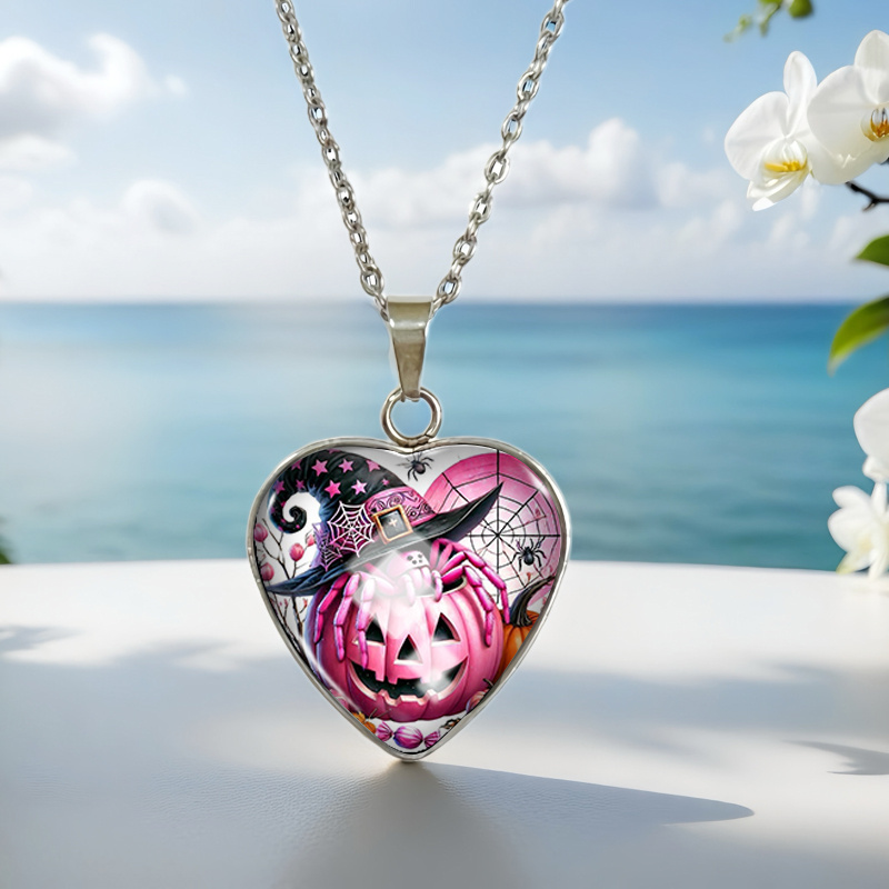 TEMU Collana con ciondolo in acciaio inossidabile con cabochon di vetro a forma di cuore, motivo Halloween con zucca rosa, ragno e cappello da