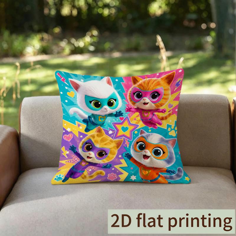TEMU 2d Flat Printing, Superhero Kitten Themed Double-sided Pillow Cover, 1pc, 17.7 X 17.7 Inches, Vibrant Cartoon Pattern With Stars & Hearts,