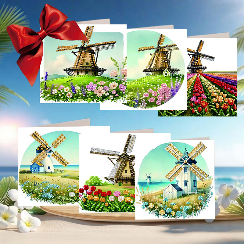 TEMU 6pcs Diy Diamond Painting Greeting Card & Envelope Set - Round Diamond Mosaic Suitable For Birthdays, Weddings, Holidays - Handmade Craft Cards