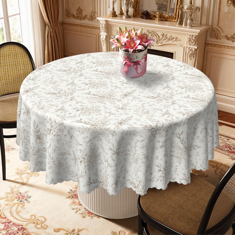 Image of A Single Piece Of Soft And Light Gray Floral Leaf Tablecloth Featuring Scalloped Edges, Perfect For Dining Decor. It Showcases A Delicate Floral Branch Pattern In Muted Tones And A Scalloped Hem
