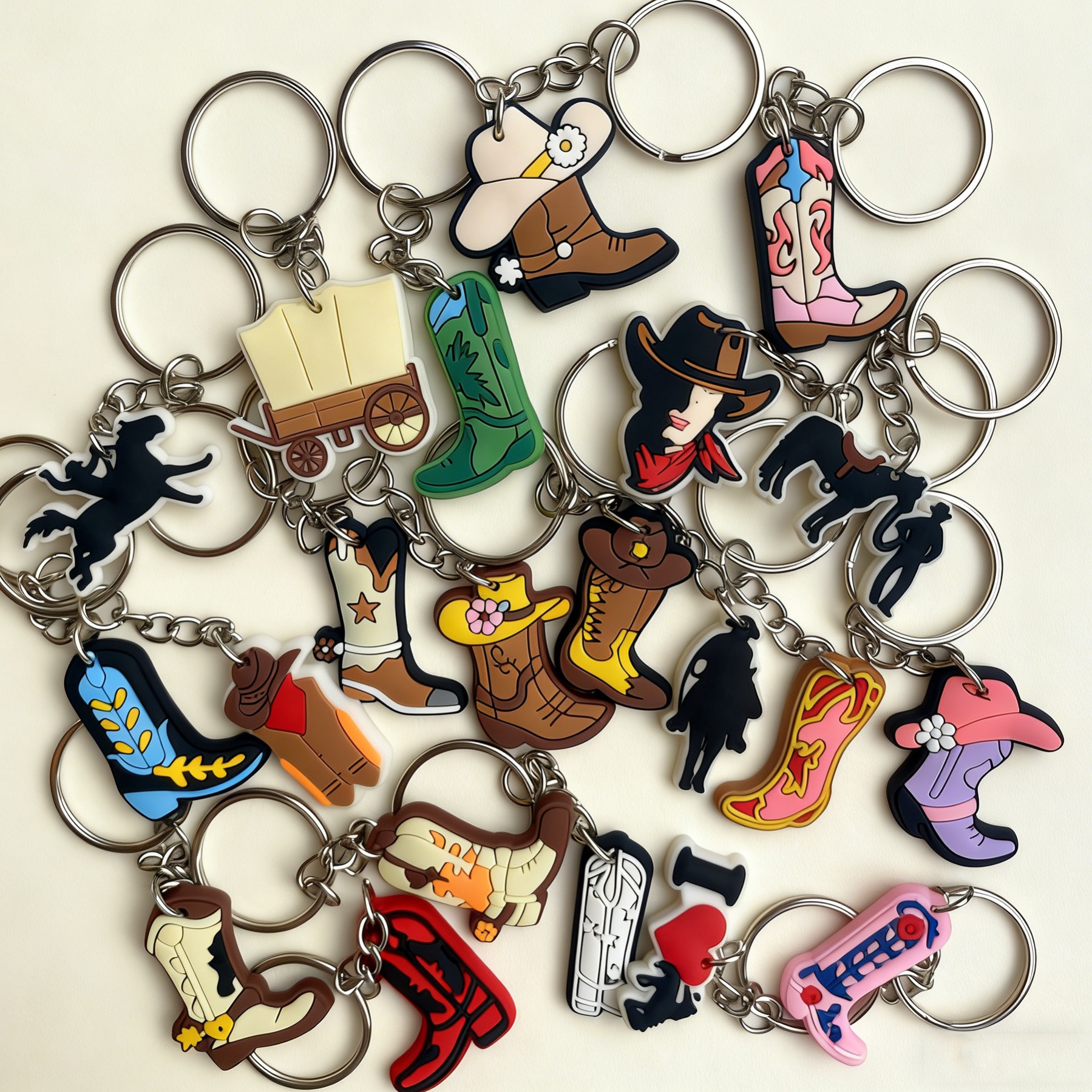 TEMU Lot de 21 pendentifs porte-clés sur le thème du western, adaptés aux accessoires de sac et aux cadeaux de porte-clés de dessin animé. Porte-clés