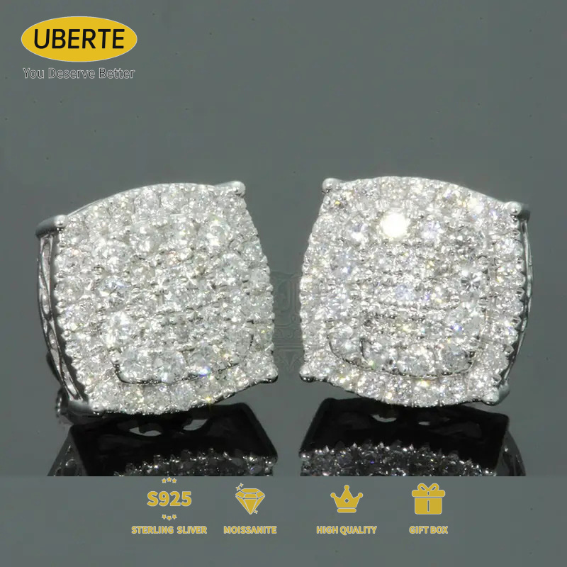 TEMU Elegant S925 Sterling Silver Stud Earrings, Super Sparkling Square Stud Earrings Set With Moissanite, Unisex, Hip Hop, Versatile, Unique And