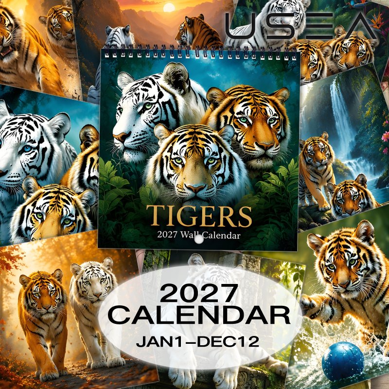 TEMU 【jit】2027 Wall Calendar2027 Wall Calendar, 12 Month Vibrant Tiger Art Hanging Calendar, Twin Wire Spiral Bound, Large Blocks, Us Holidays,