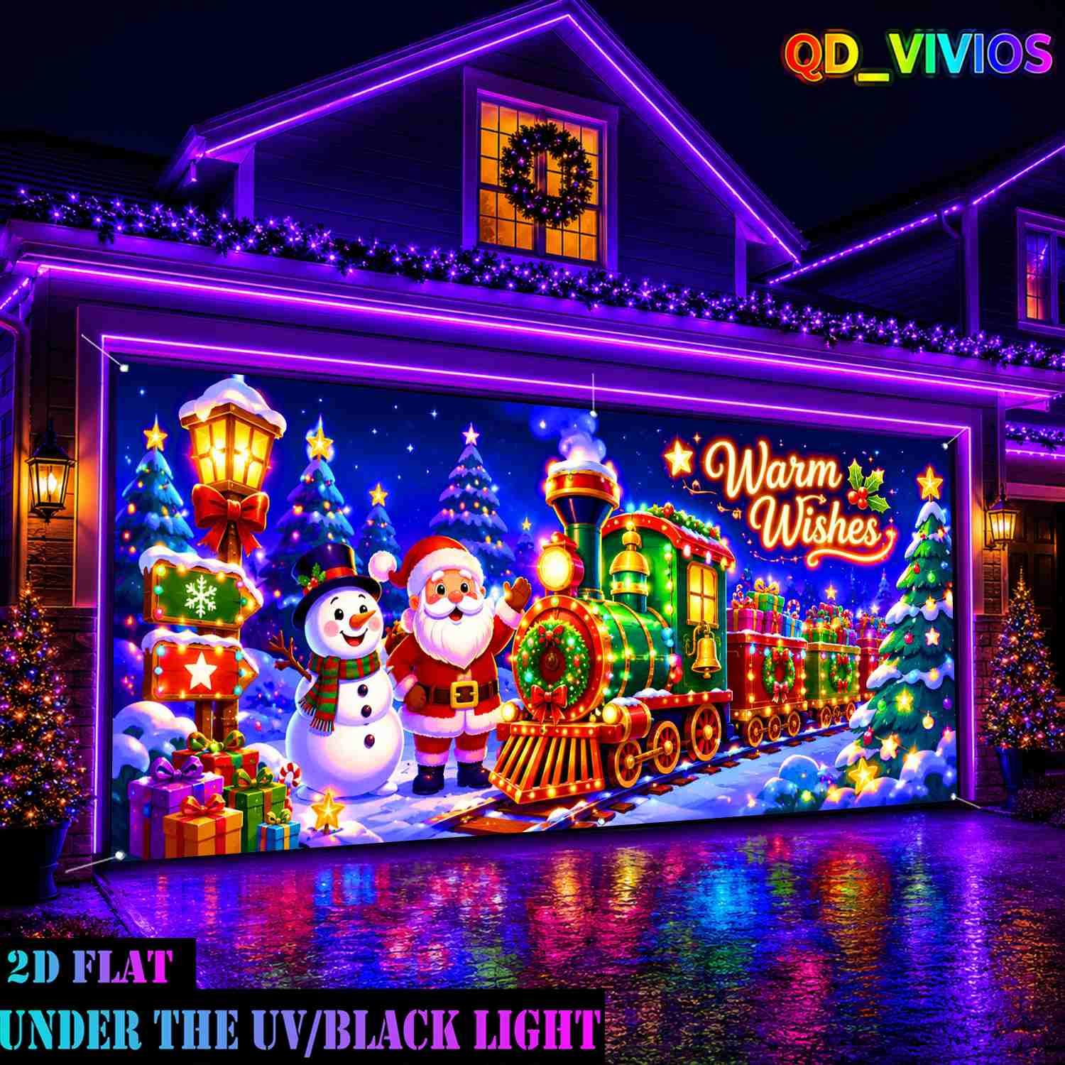 TEMU 1pc Uv Fluorescent Reactive Glow Banner For Christmas - Uv/sunlight Activated Fluorescent Snowman And Door Decor, For Garage, Yard,
