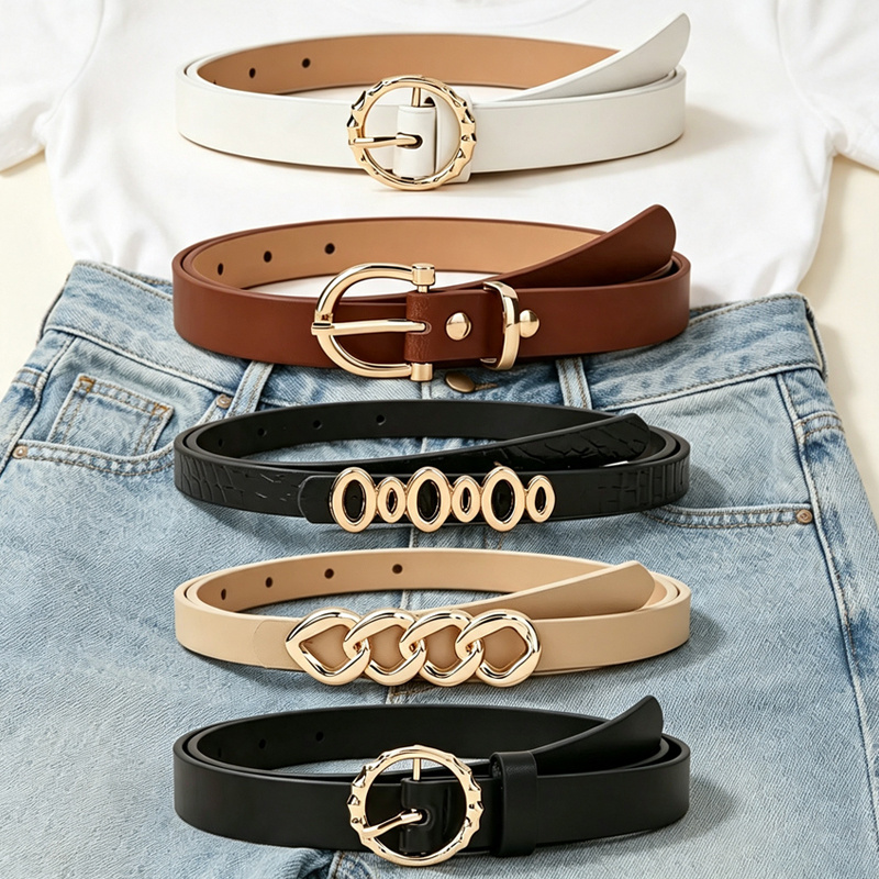 5-pack Women's Minimalist Pu Thin Belts Versatile Dress Jeans Decorative Narrow Waist Belt Clothing Accessory