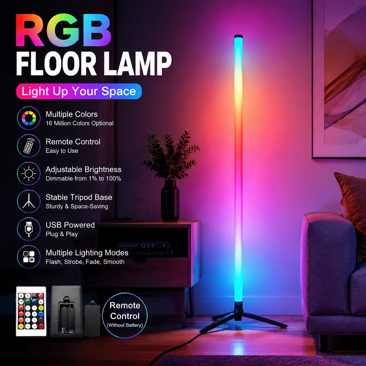 TEMU Lámpara de pie RGB , , LED, USB, control remoto, iluminación que de color para dormitorio, , sala de juegos, , decoración del hogar