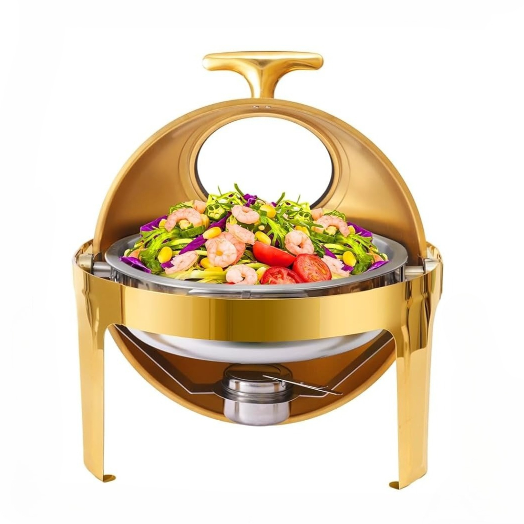 1pack Round Chafing Dish Buffet Set, Round Full Heating Plate With Visual Lid, Alcohol Heated Food Warmer Replaceable Double Compartment Basin For Wedding Party Banquet Cooking