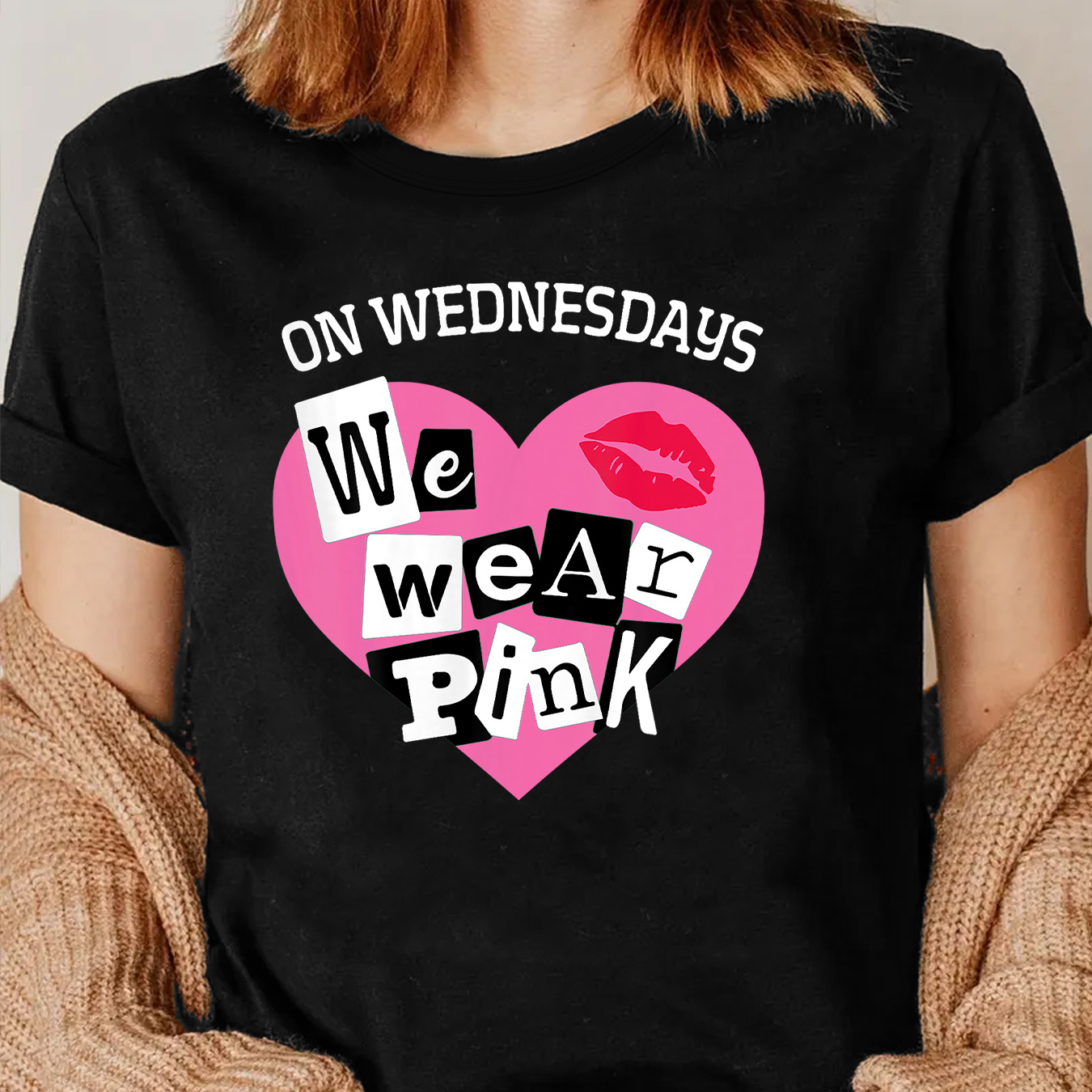 

Women's Casual Crew Neck T-shirt With "wednesday " Heart Print, Polyester Knit Fabric, Slight Stretch, Short Sleeve, Regular Fit, Top For Orientation Valentine's Day - H Style