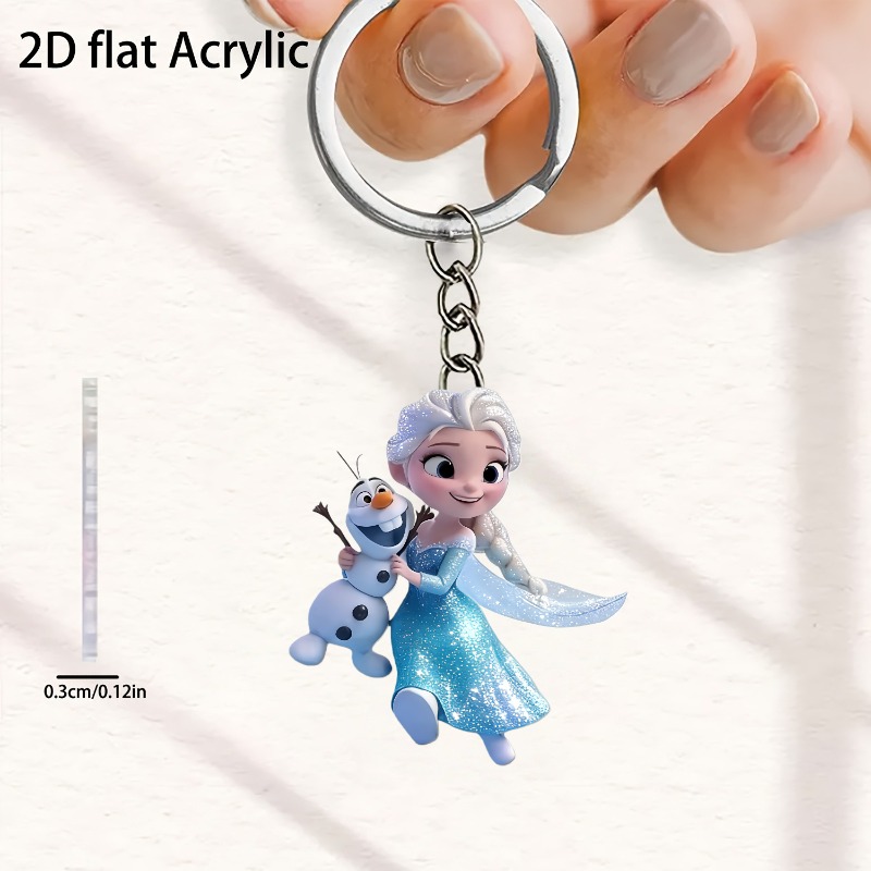 E-shop 2D Flat - Ein niedlicher Frozen Elsa Schlüsselanhänger im 2D-Design mit ausdrucksstarken Augen und einem Schneemann, hergestellt mit einem