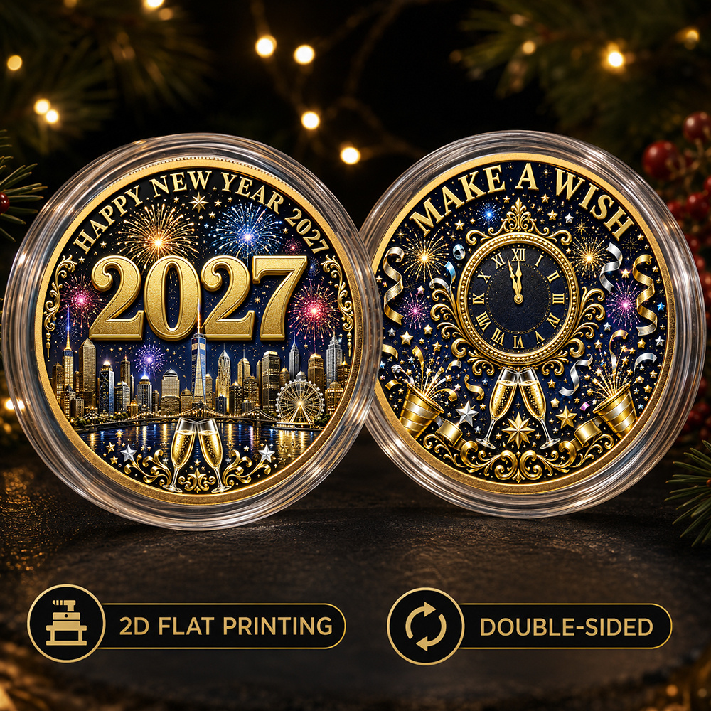 TEMU 2d Flat Printing 2027 New Year Wish Collectible Medal, Countdown Commemorative Coin With City Fireworks Wishing Scene, Relax Desk Ornament, Gift