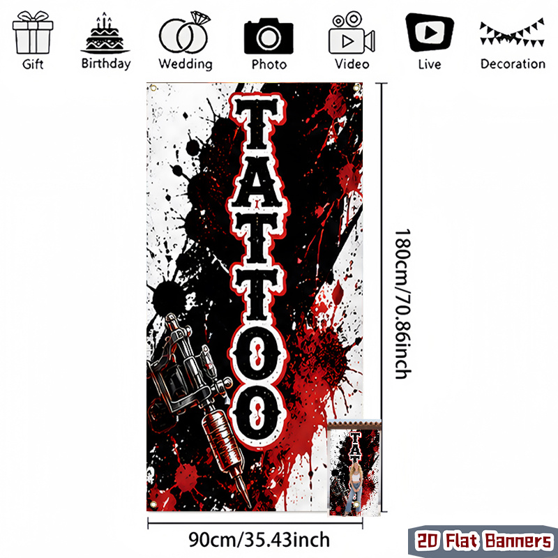 TEMU 2d Flat - 2d Flat Banner, 1pc Tattoo Machine Red Black Theme Design - Artistic Polyester Hanging Decor Suitable For Home, Party, Terrace,