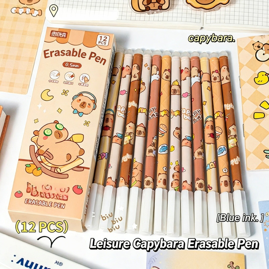 E-shop 12 Stück Gelstift Nadelfeinspitze 0,5 mm | Süßes Cartoon-Design | Blaue Tinte | Leicht radierbar, für Lernnotizen, Unterschriften Prüfungen |