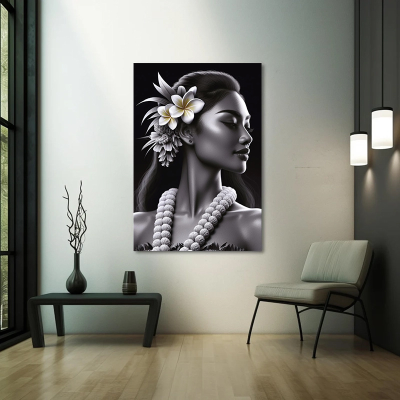 TEMU 1pc, Hawaiian Girl Art Large Print: Black And White Plumeria Wreath, Frameless, 31.5x47.2 Inches, Holiday Gift, Present, Birthday Gift, Large
