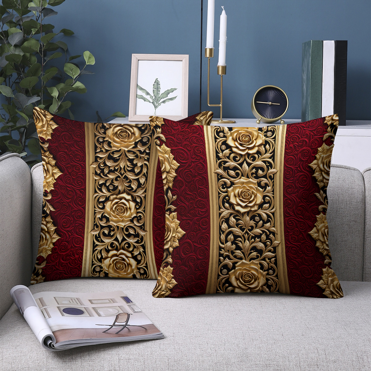 TEMU Set Of 2 Decorative Pillow Covers Featuring A Golden Floral Pattern On A Red Background, Double-sided Print, Measuring 18in X 18in, In A