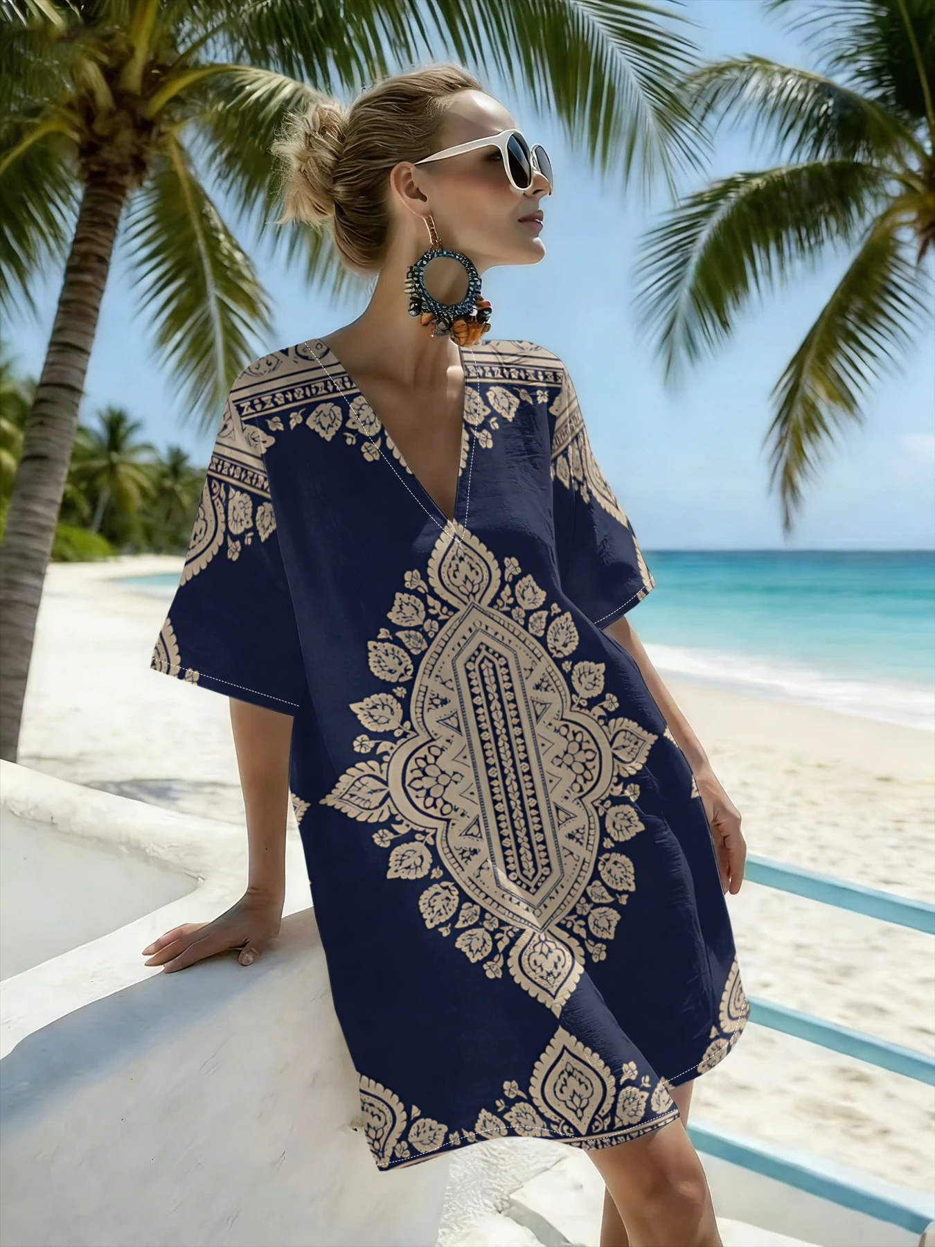 blue ethnic dress for women Women Indian Navy Blue Abstract Printed A-Line Ethnic Dresses L / Navy