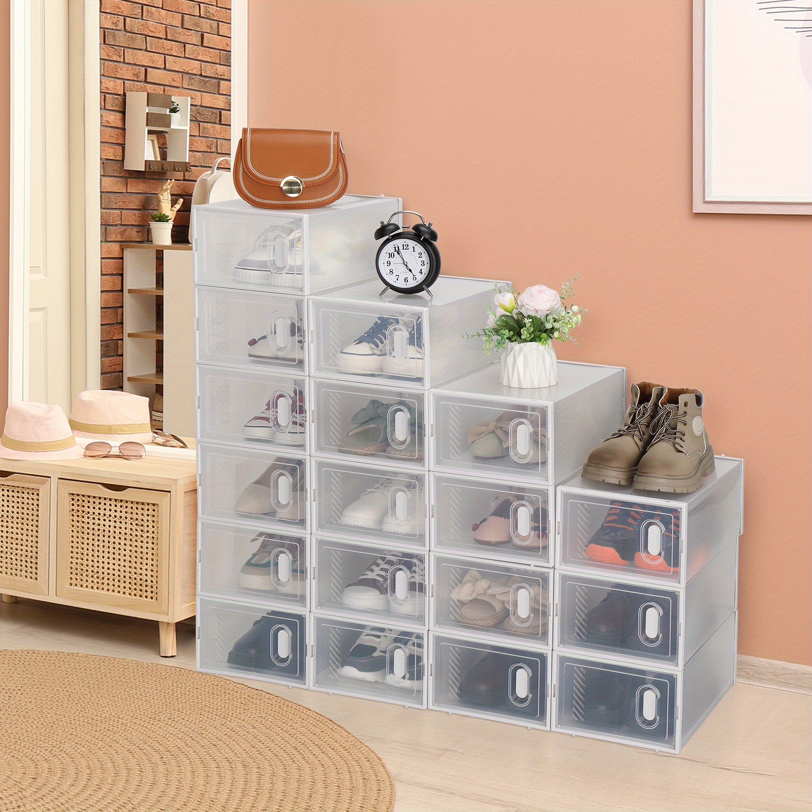 Large 18/ 12/ 6 Pack Clear Plastic Stackable Shoe Storage Box, Craft Storage Organizer For Closet, Space Saving Foldable Shoe Rack Sneaker Container Bin Holder