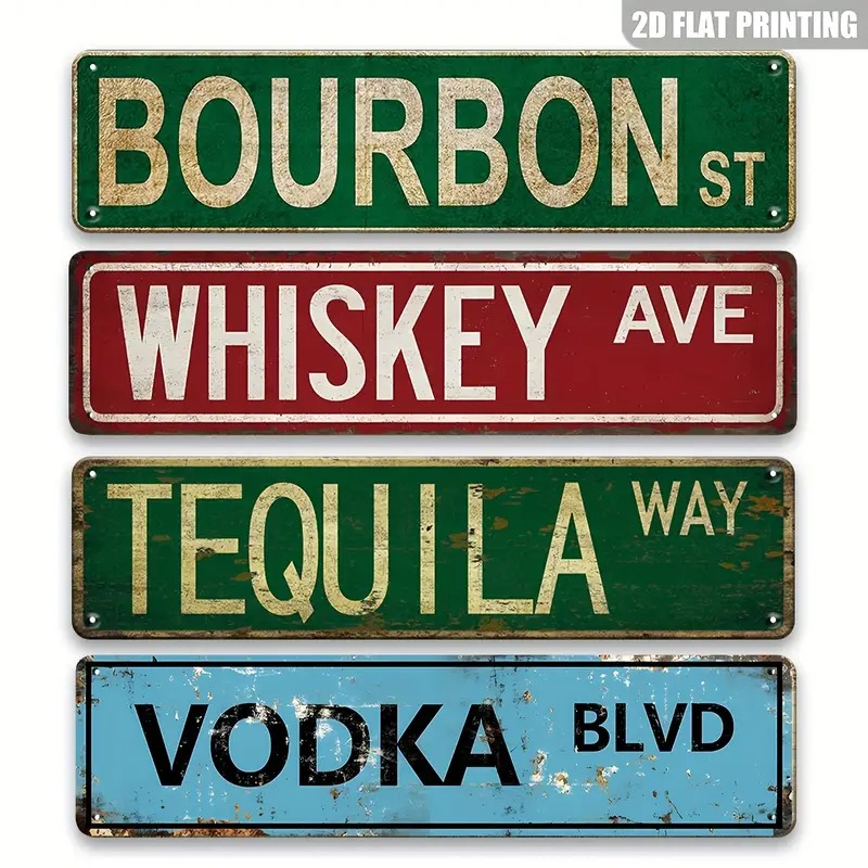 TEMU 2D Plat - Plan 2D - Ensemble de 4 panneaux en bois rétro, comprenant des de rue que Vodka, Rue Whisky et Route Tequila, parfait pour décorer les