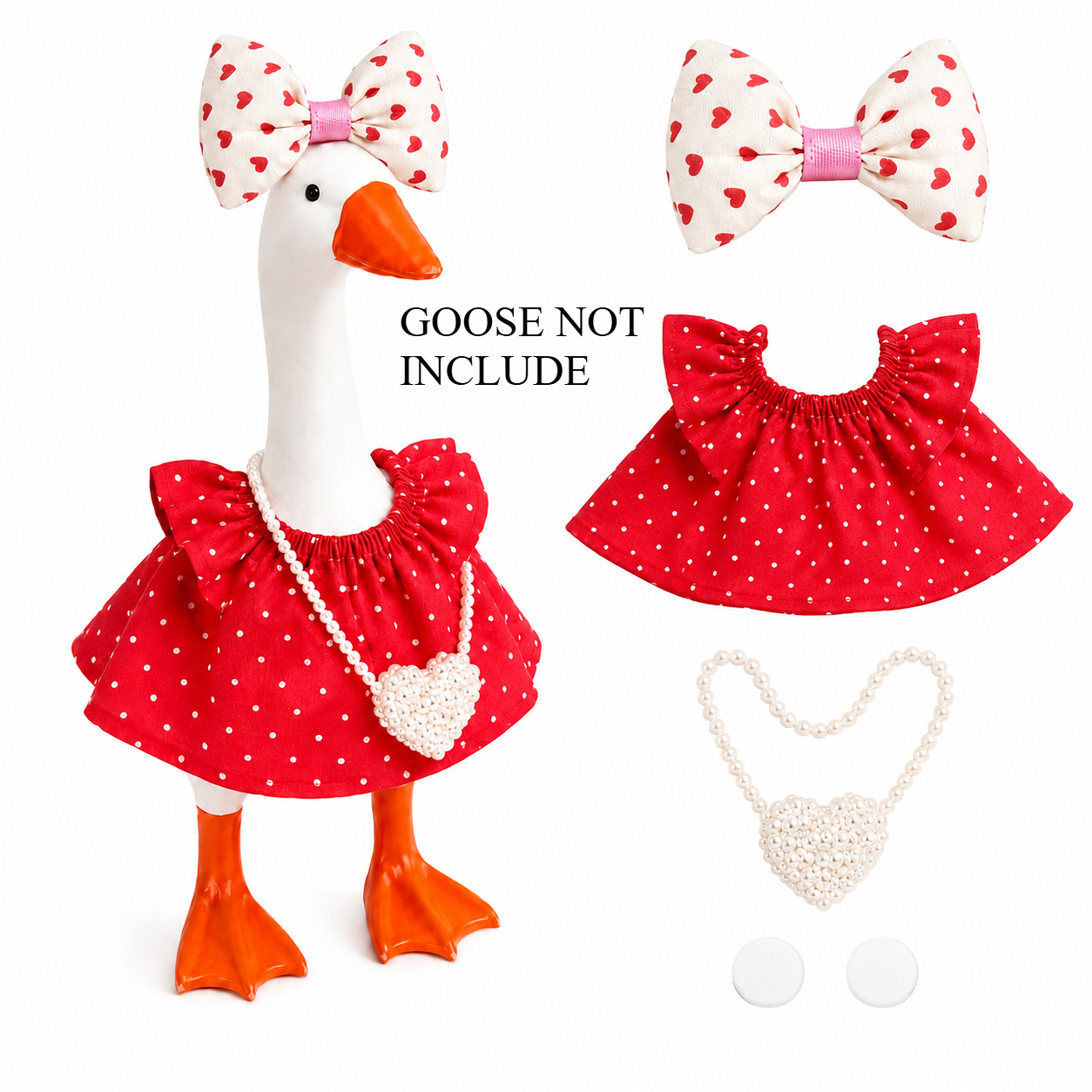 TEMU Figurines Mini Ensemble de vêtements d'oie de bureau, Jupe rouge à volants avec nœud à imprimé cœur et breloque de perle, Décoration d'étagère à