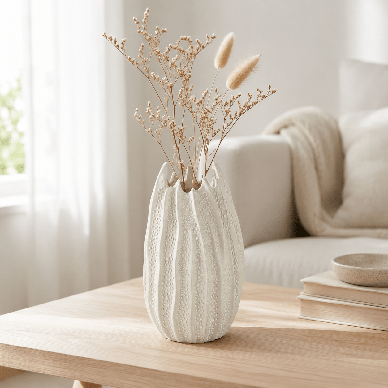 Sea Urchin Ceramic Vase Suitable for Bohemian & Nordic Decor - Modern Minimalist Round Cylindrical Urchin Vase, White Pattern Tabletop Centerpiece for Dried Flowers, Sea-Themed Home Ornament for Living Room, Coastal Gift