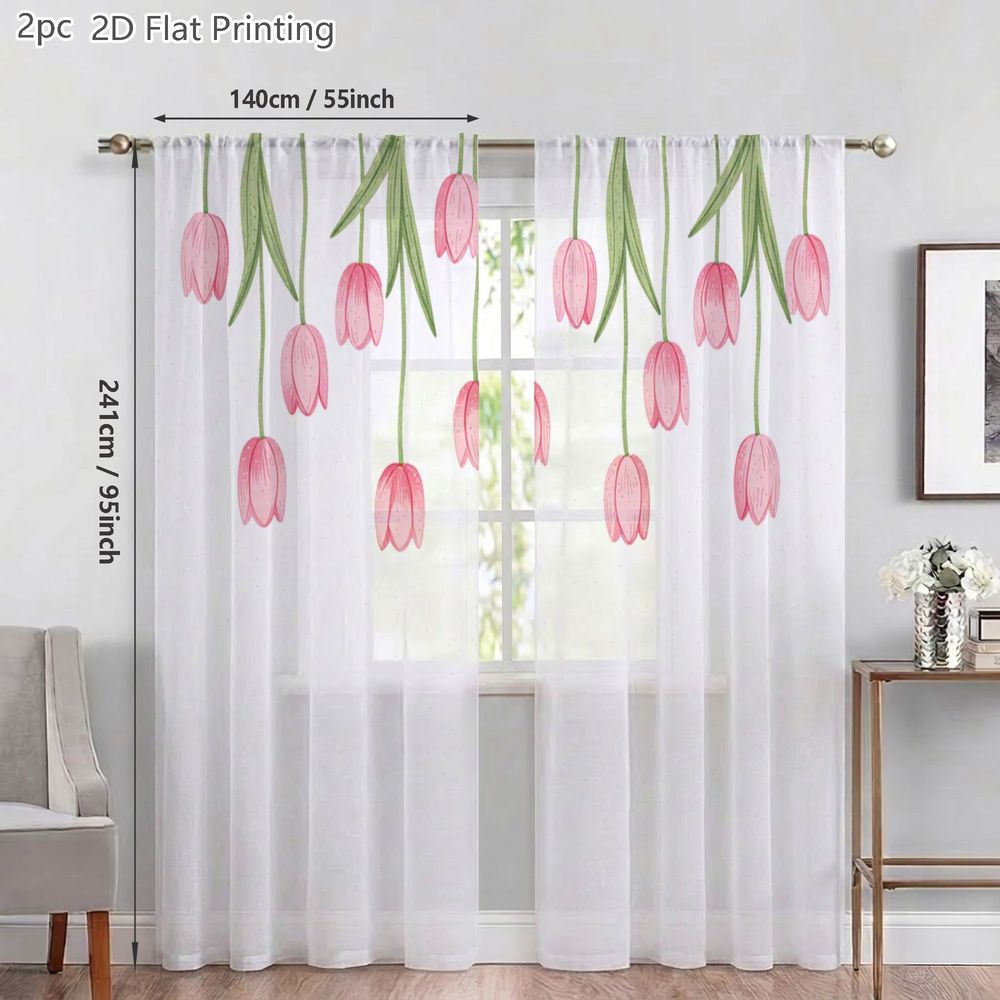 TEMU 2d Flat, 2pcs Semi-transparent Sheer Curtains, Botanical Aesthetic Hand-drawn Pink Tulip Pattern Elegant Minimalist, For Cafes, Living Room,