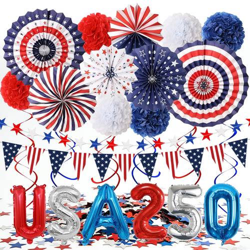 party supplies set party decorations with banners foil balloons paper fans hanging swirls party garlands and tissue pom poms for the 250th anniversary of the united states and memorial day red blue and white