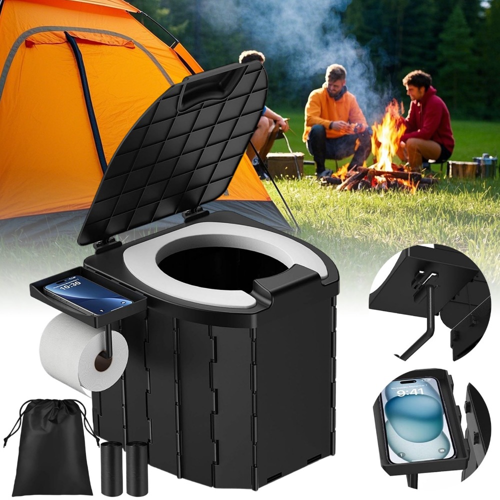 5l Folding Toilet With Seat, 204kg Capacity, Integrated Splash Guard, Portable For Camping Fishing Hiking Travel Outdoor Activities