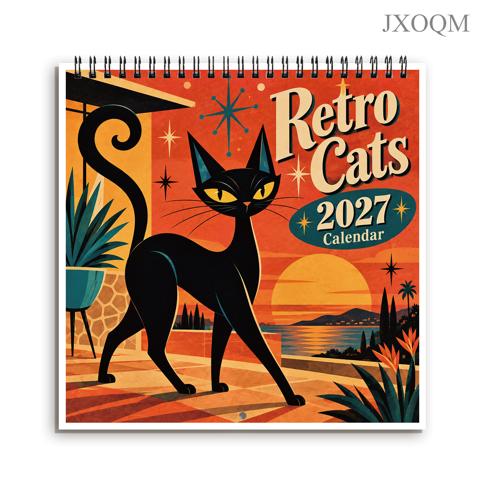 TEMU 1pc 2027 Retro Cats Wall Calendar, 12-month Atomic Style Black Cat Hanging Calendar, Stunning Cat Landscape Art Prints, Monthly Schedule Planner