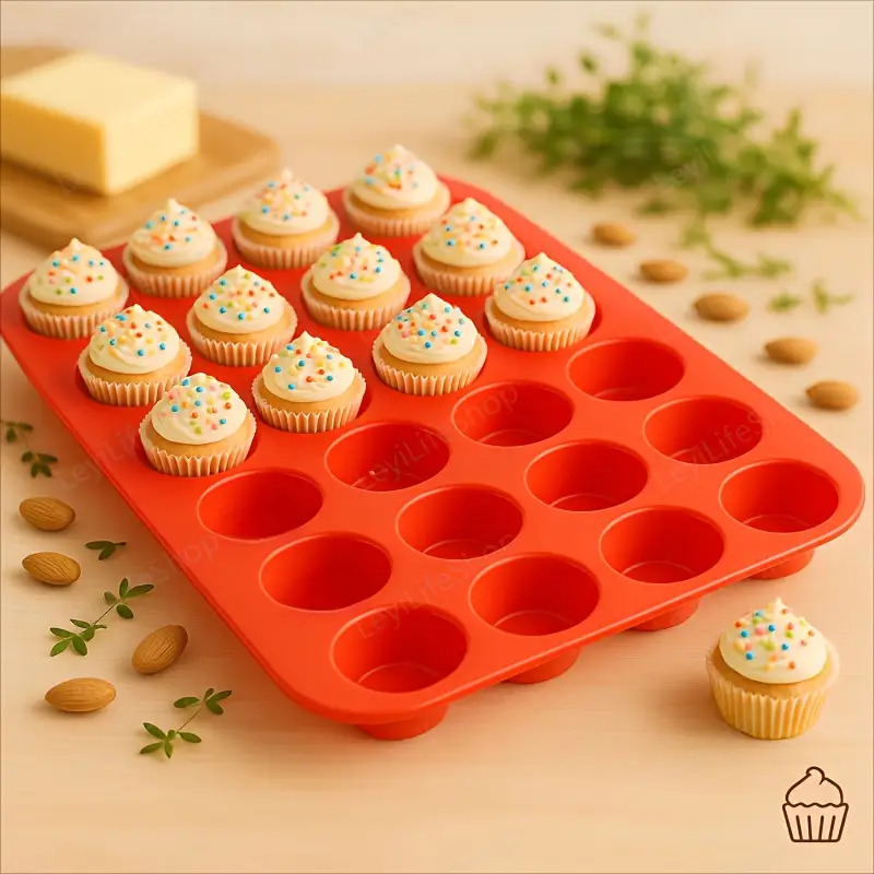 Image of Red Silicone Mini Muffin & Cupcake Baking Mold - & Dishwasher Safe Mold Suitable For Home, Parties, Cakes, Pastries, Easy Clean, -resistant (no Residue)