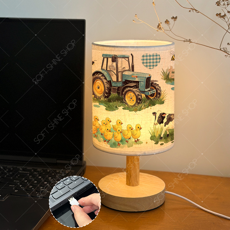 USB-Powered Fabric Table Lamp with Blue Tractor and Ducklings Design