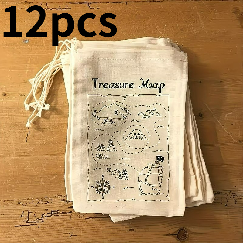 E-shop Geschenk für Sie/Ihn 12 Stk. Schatzkarten-Geschenktüten mit Piratenmotiv Kordelzugverschluss - Schatztruhen-Beutel geeignet für Partys,