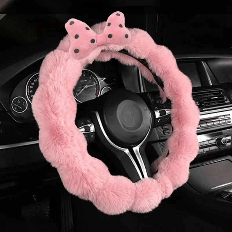 TEMU 1pc Of A Polka Dot Velvet Steering Wheel Cover, Made Of Synthetic Velvet, Perfect For Keeping Your Hands Warm During The Autumn And Winter , Suitable For All Genders