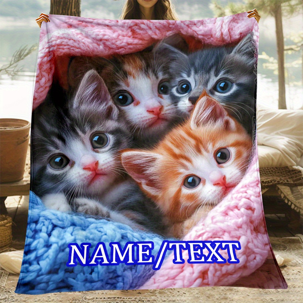 

1pc Customizable Kitten Print Polyester Throw Blanket - Personalized Name & Text, Soft Flannel Fleece For Sofa, Bed, Travel - Blanket, Ideal Gift For Cat Lovers