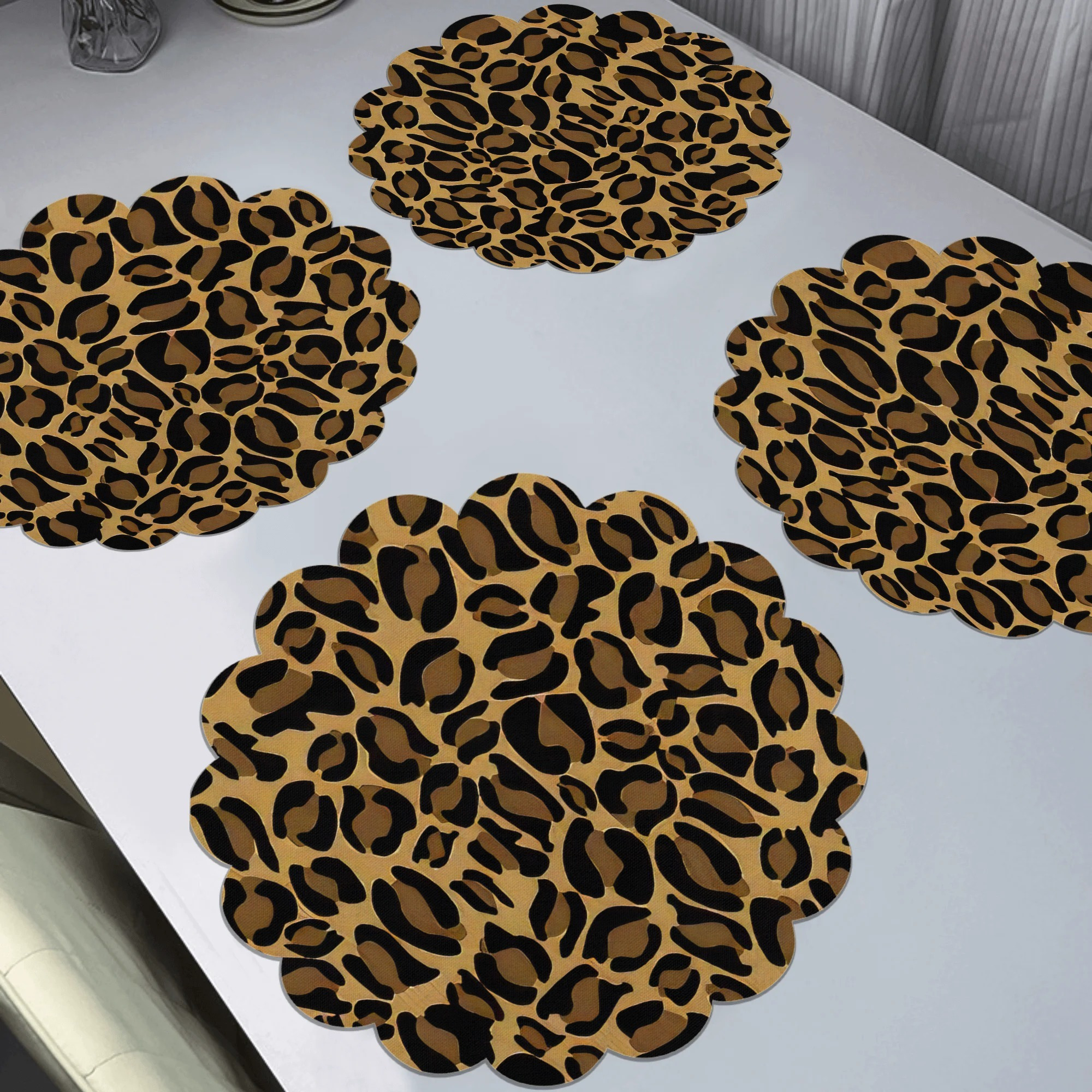 

4-pack Round Leopard Print Placemats, Non-slip Polyester, Heat Resistant, Woven, Hand Washable - 15 Inch Table Mats For Home Decor, Dining, Parties & Holidays