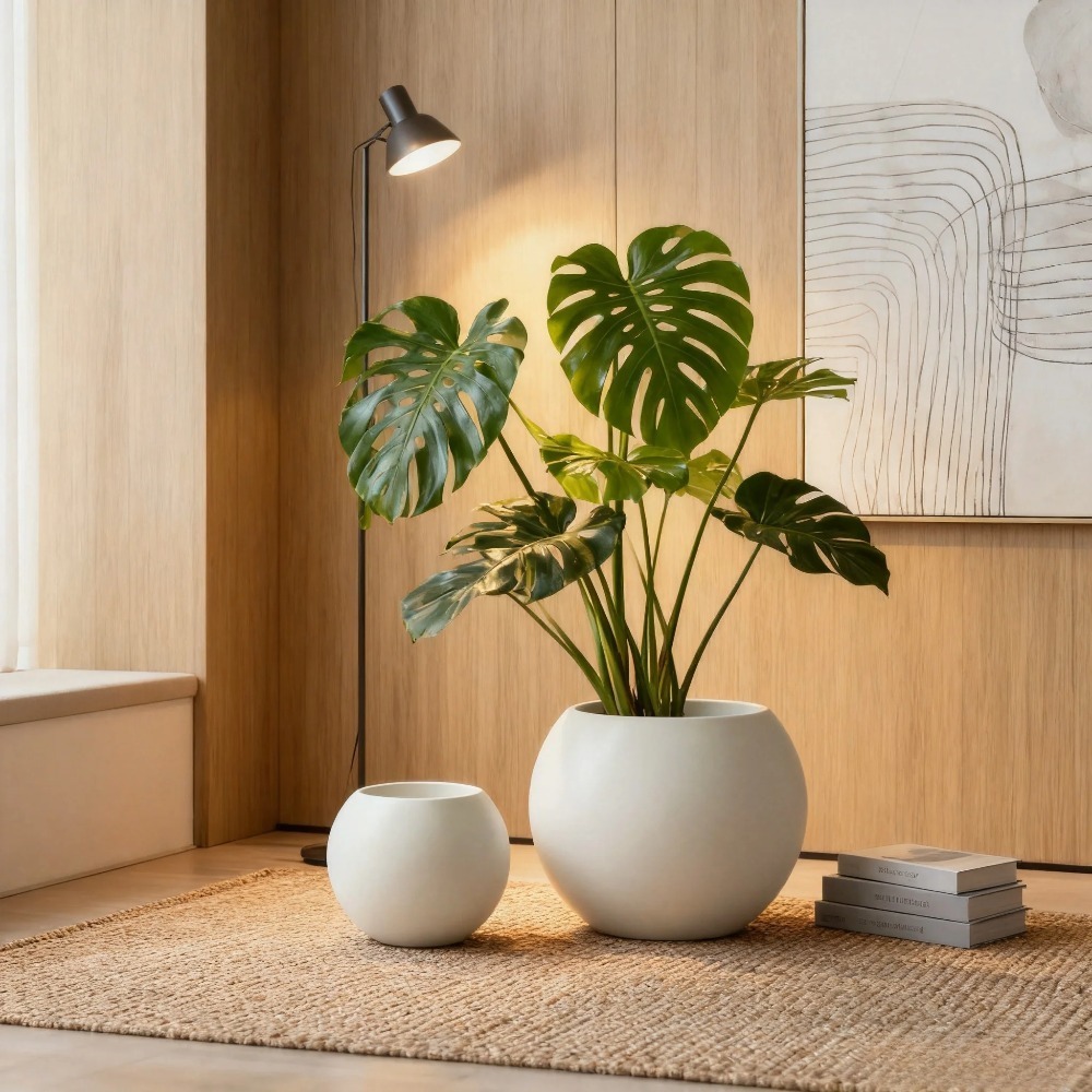 2pcs Set of Light Luxury Matte White Spherical Floor Planters, American Vintage Style for High-End Clubhouse and Villa Interior Soft Decor, Suitable for Indoor and Outdoor Use, Large Potted Plants for Living Rooms/Entryways/Offices
