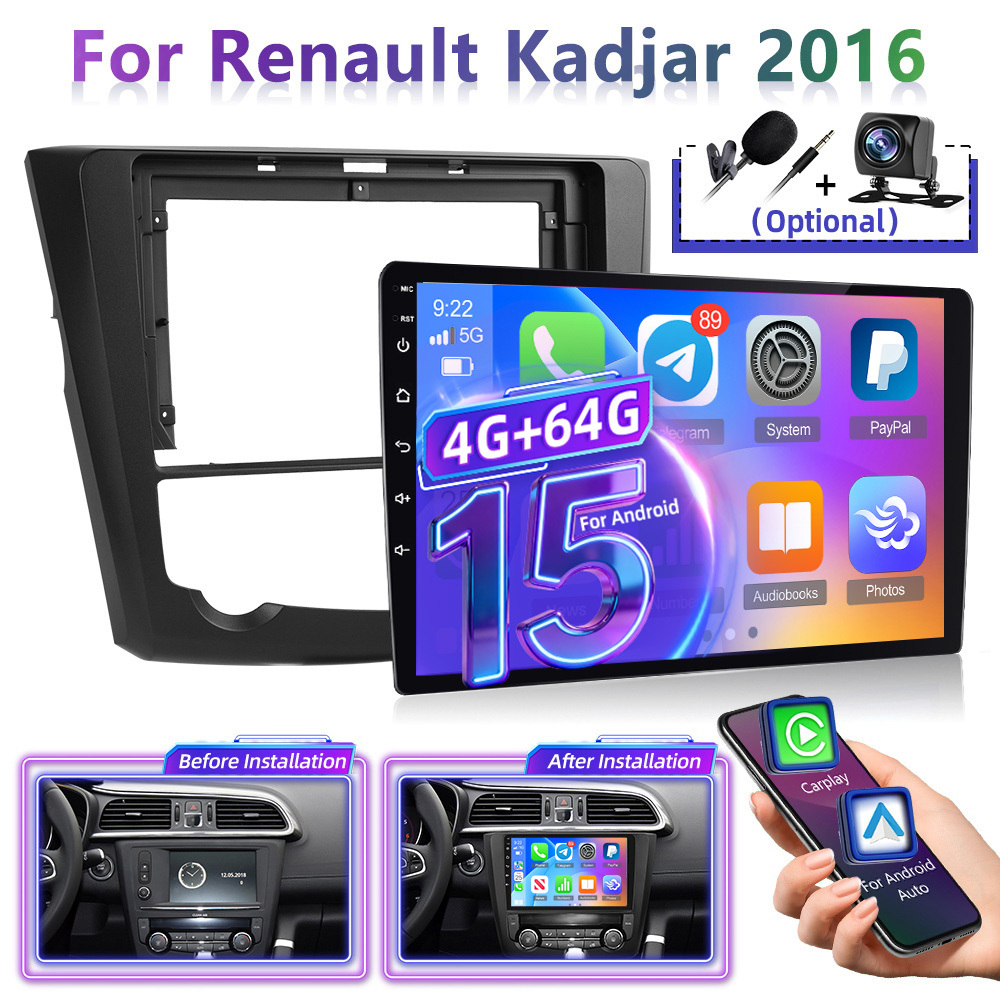 Image of [4g + 64g] 2 Din 15 Car Radio For Renault 2016 With Carplay Auto Car Radio, 9 Inch Hd Car Radio With Large Touch Screen, Gps/ / Wireless/ Eq/ Fm/ Rds/ Dual Usb/ Swc And Ahd Rear View Camera And Mic
