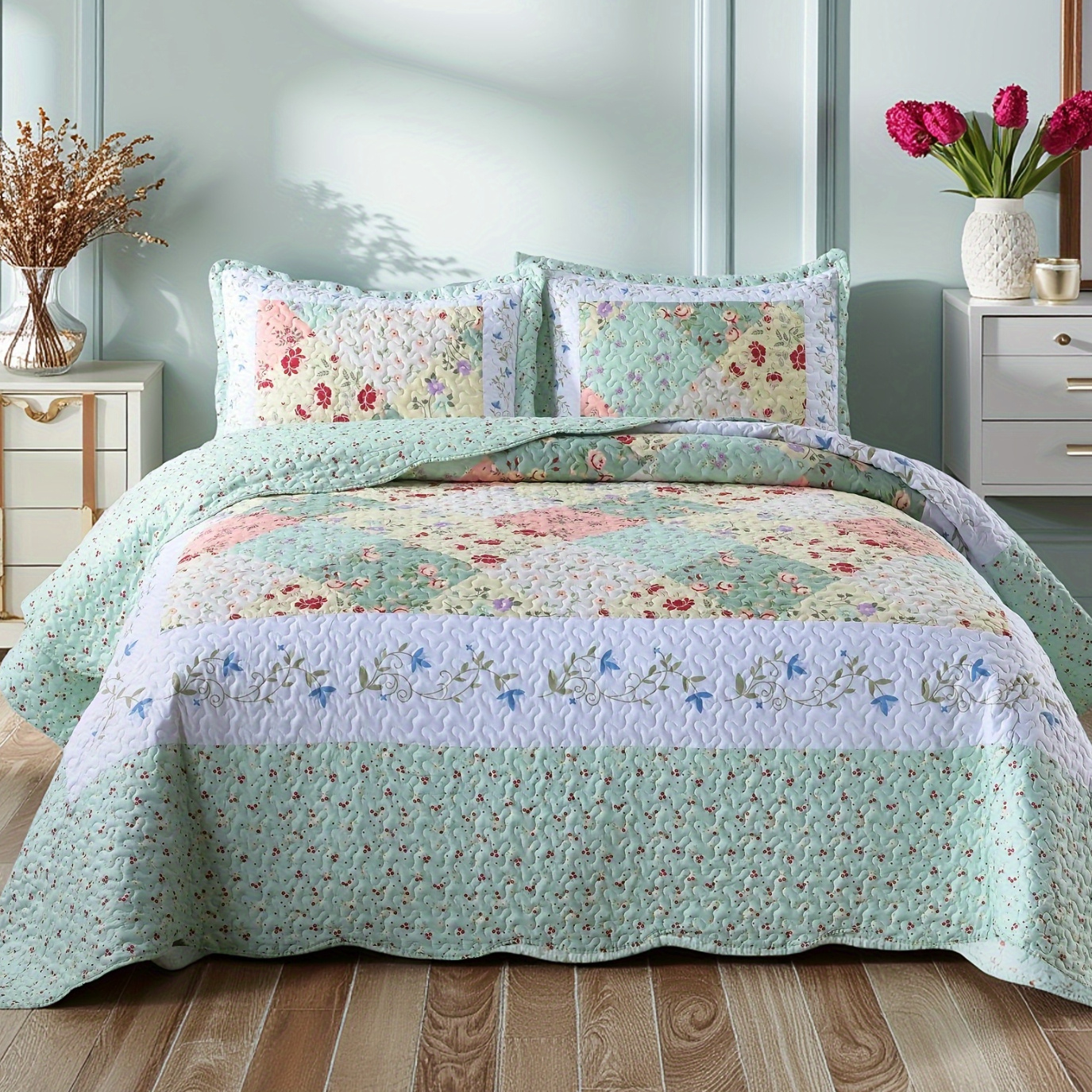 TEMU 3pcs Green Quilt Set Reversible Bedspread Lightweight Bedding With 2pcs Pillow Shams, All Season